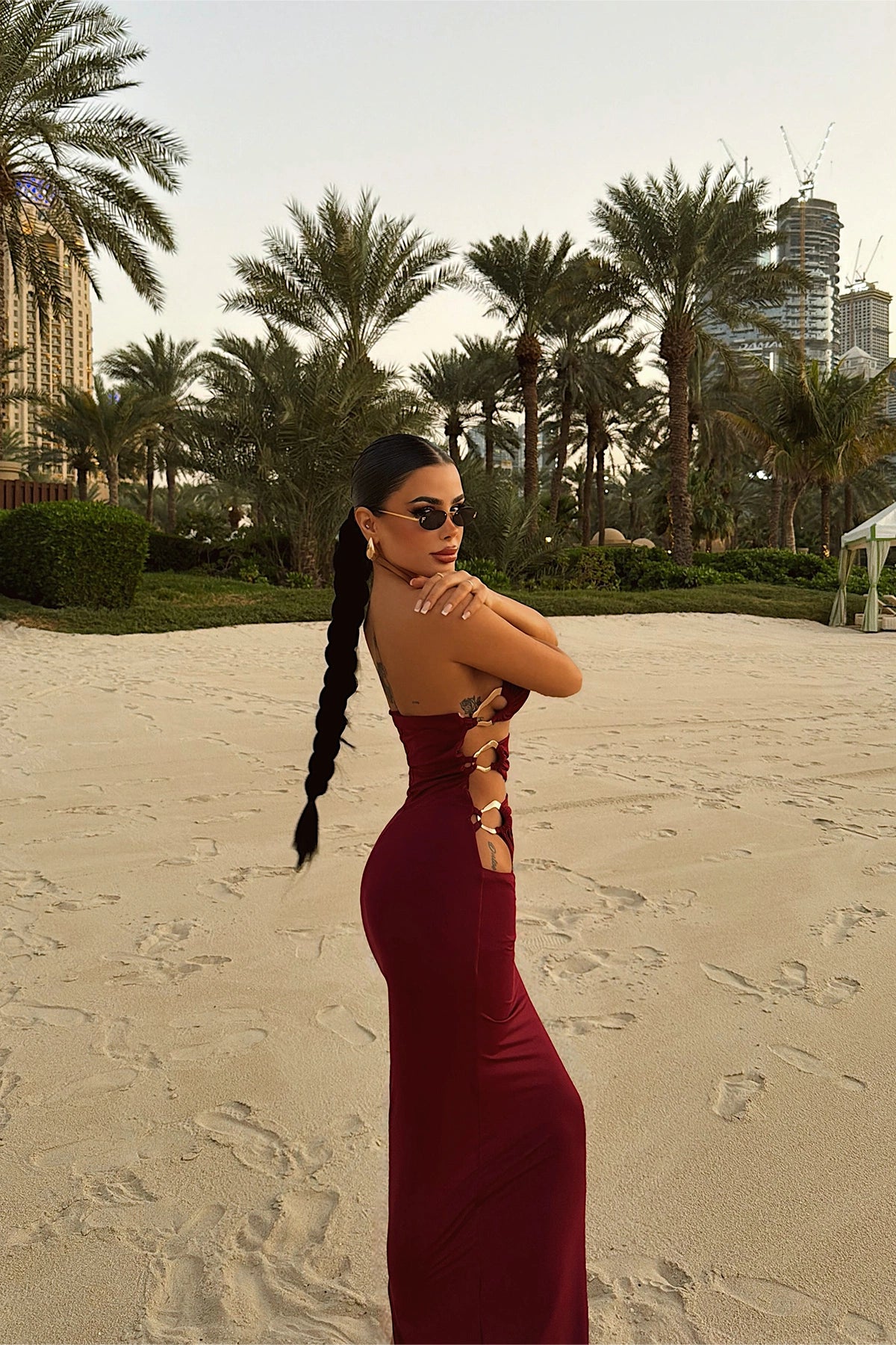 Burgundy Oleander Long Dress with Side Accessory Detail ATE-4697