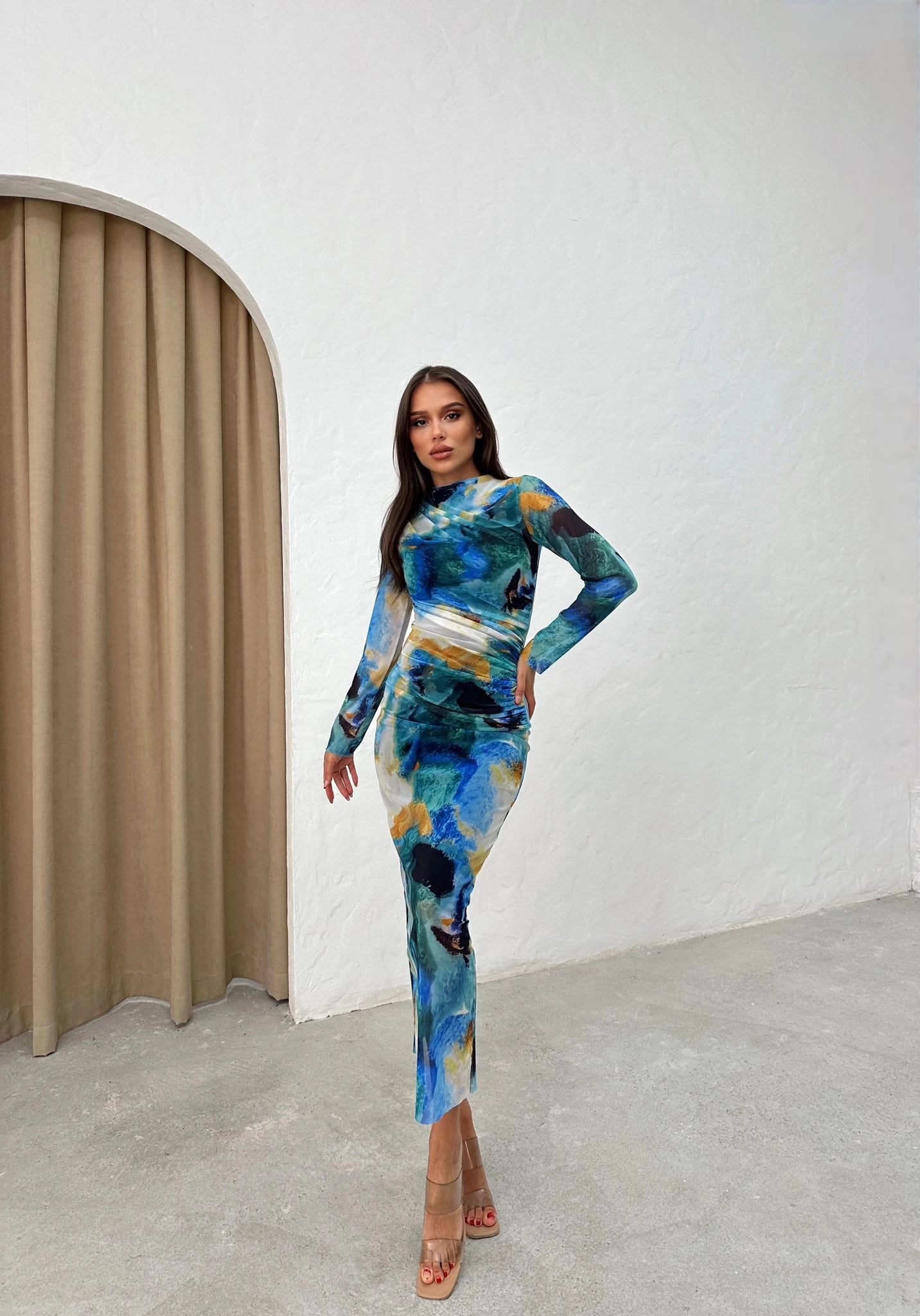 TULLE STAND-UP COLLAR SHIRT PATTERNED LONG DRESS BLUE