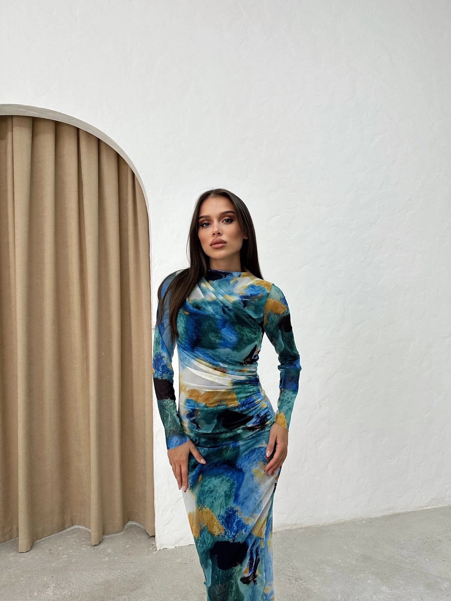 TULLE STAND-UP COLLAR SHIRT PATTERNED LONG DRESS BLUE