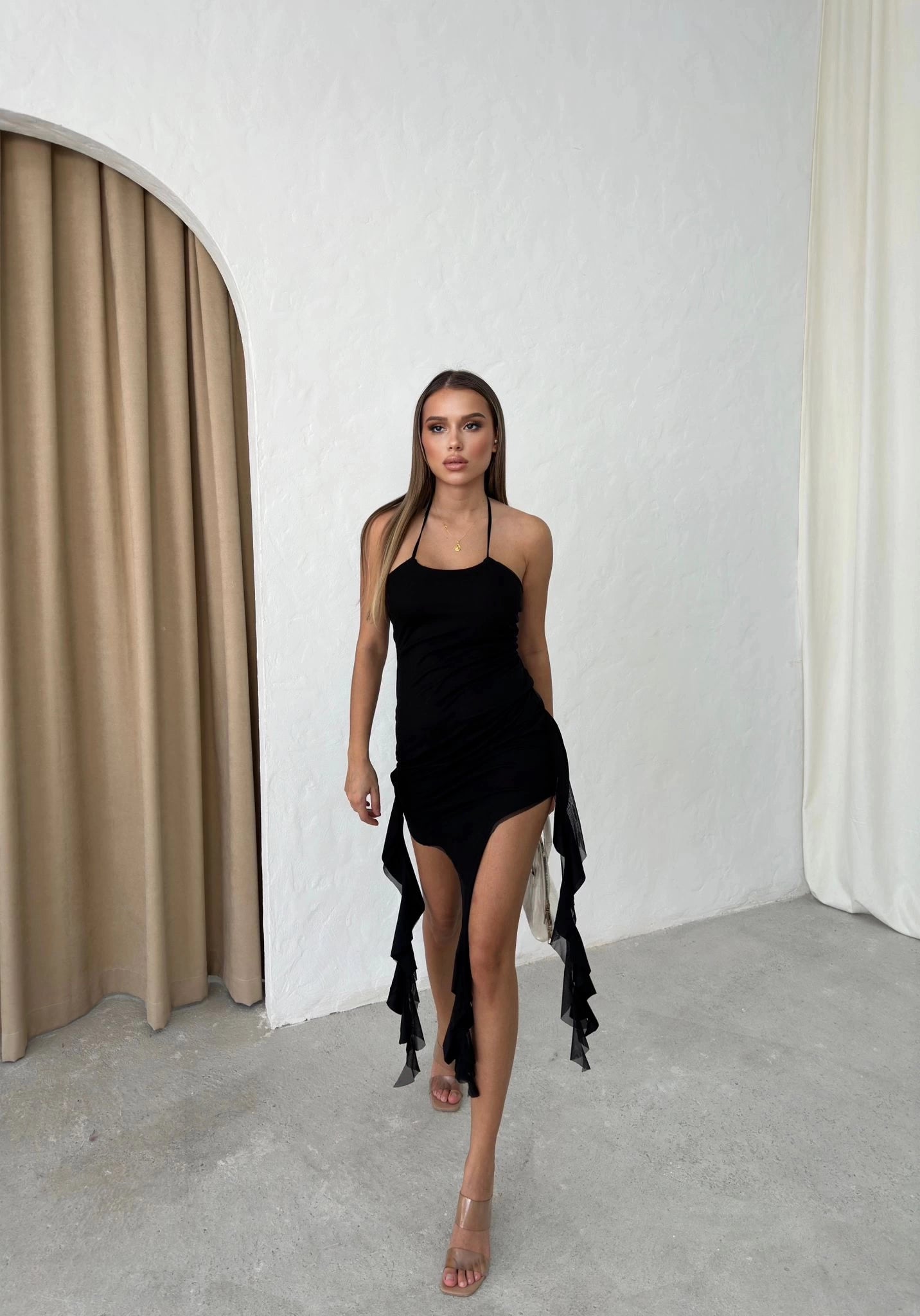 FRINGED SKIRT, TIE NECK TULLE LINED DRESS