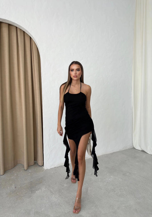 FRINGED SKIRT, TIE NECK TULLE LINED DRESS