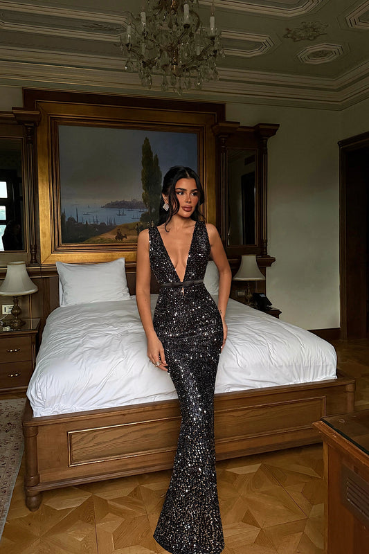Silver Loretta long sequined dress ATE-4552