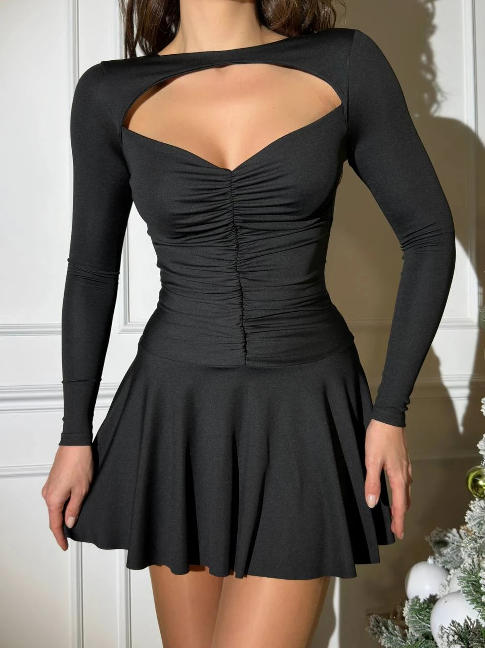 Pleated flared mini dress