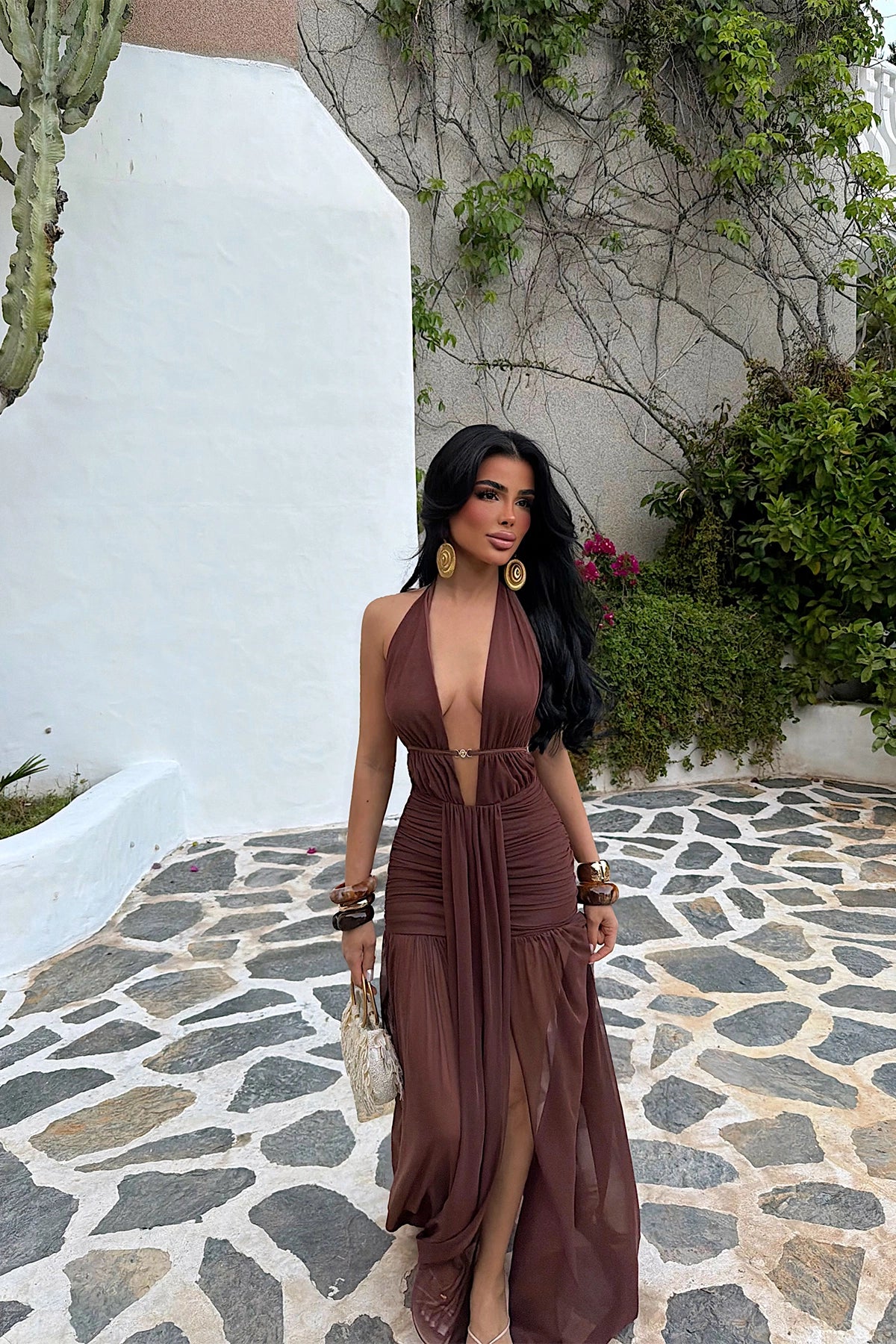 Brown Window Detail Long Dress ATE-5415 (PRE-ORDER)