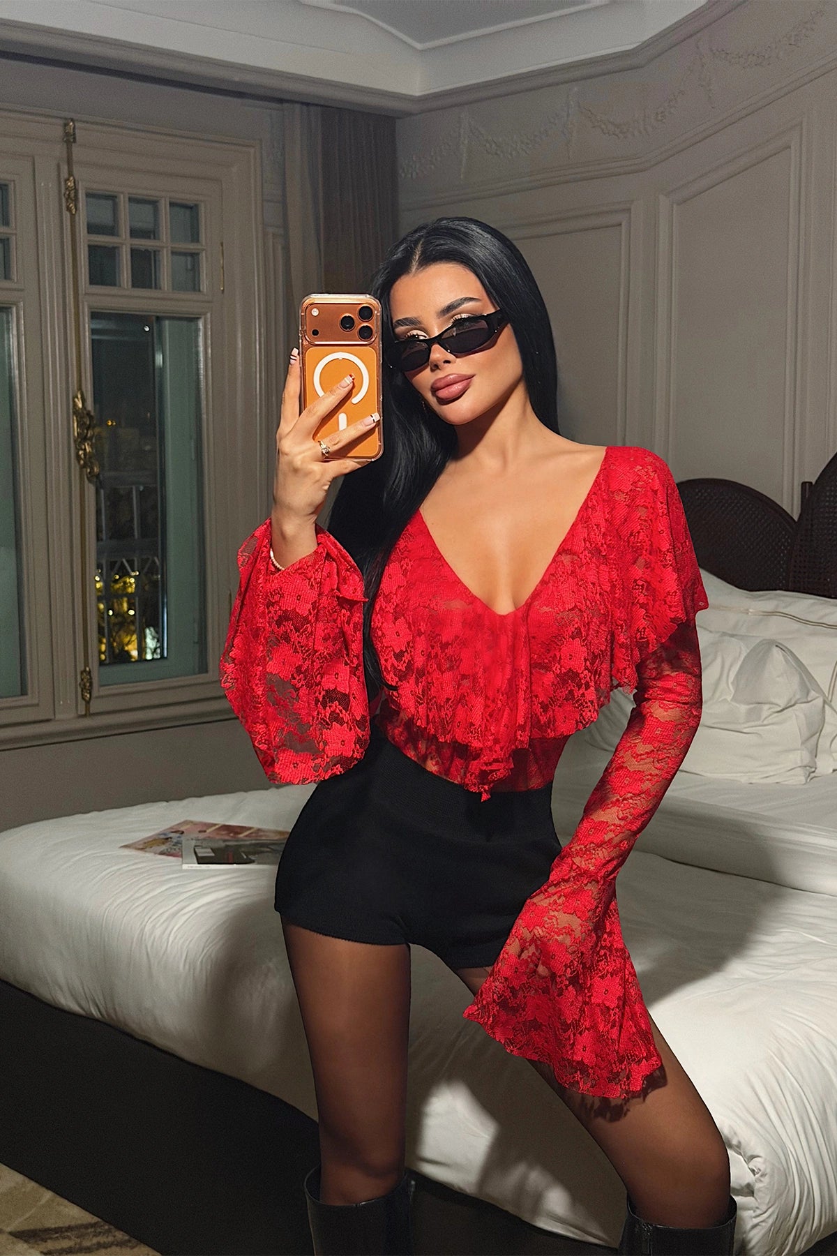 Red Braulia Lace Bodysuit