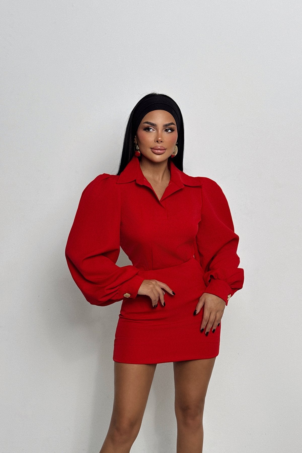 Red Renata Balloon Sleeve Dress ATE-2000