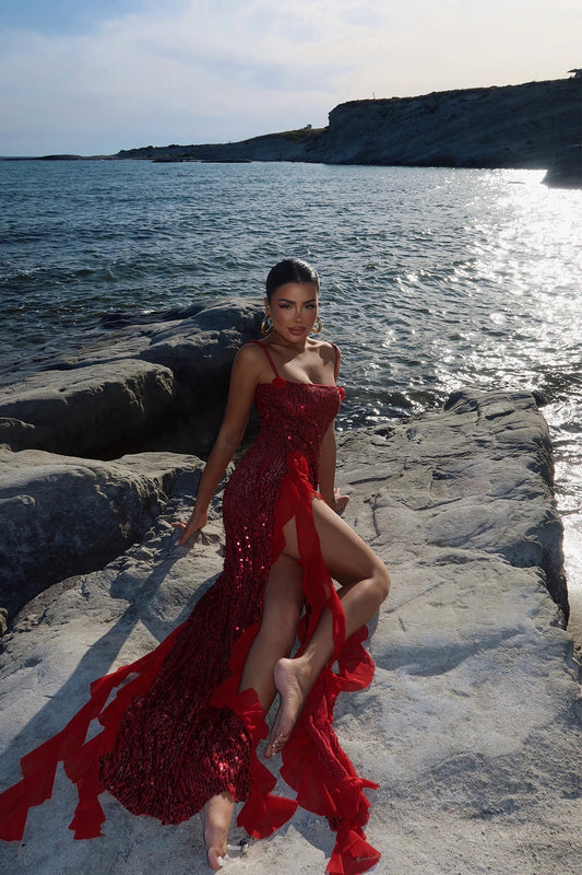 Red Paxton Sequined Long Slit Dress ATE-2614