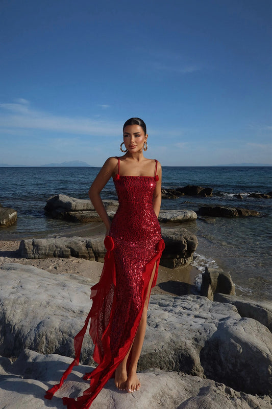 Red Paxton Sequined Long Slit Dress ATE-2612
