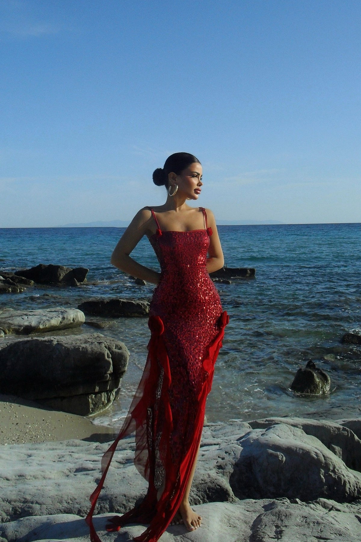 Red Paxton Sequined Long Slit Dress ATE-2612