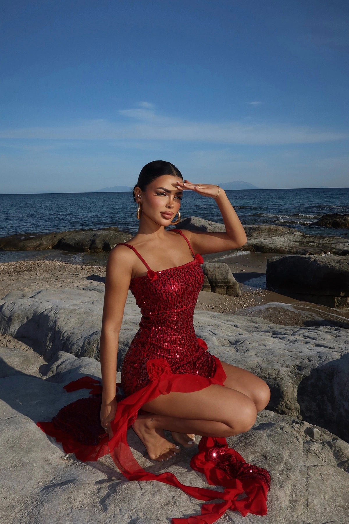 Red Paxton Sequined Long Slit Dress ATE-2612