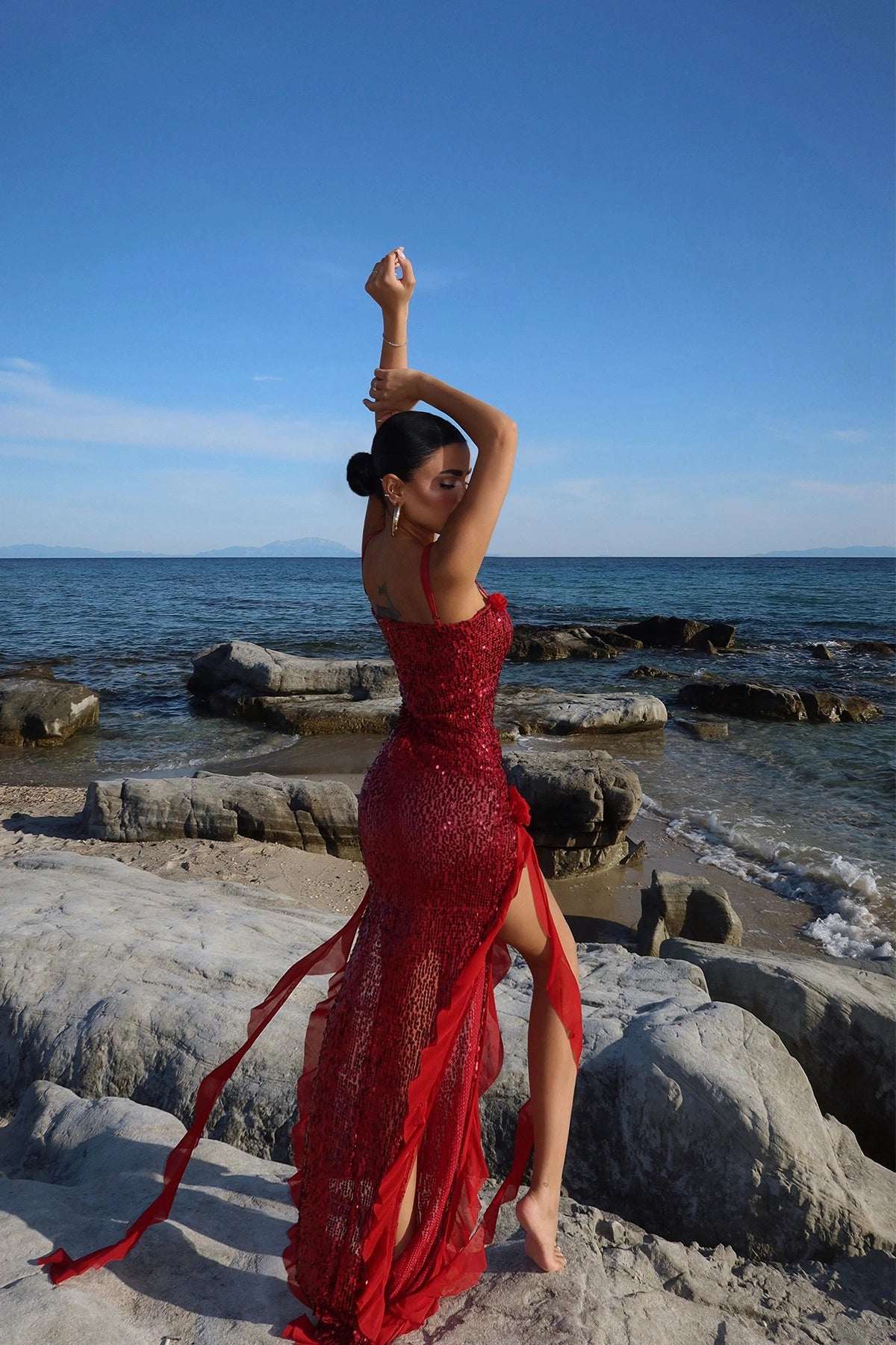 Red Paxton Sequined Long Slit Dress ATE-2612