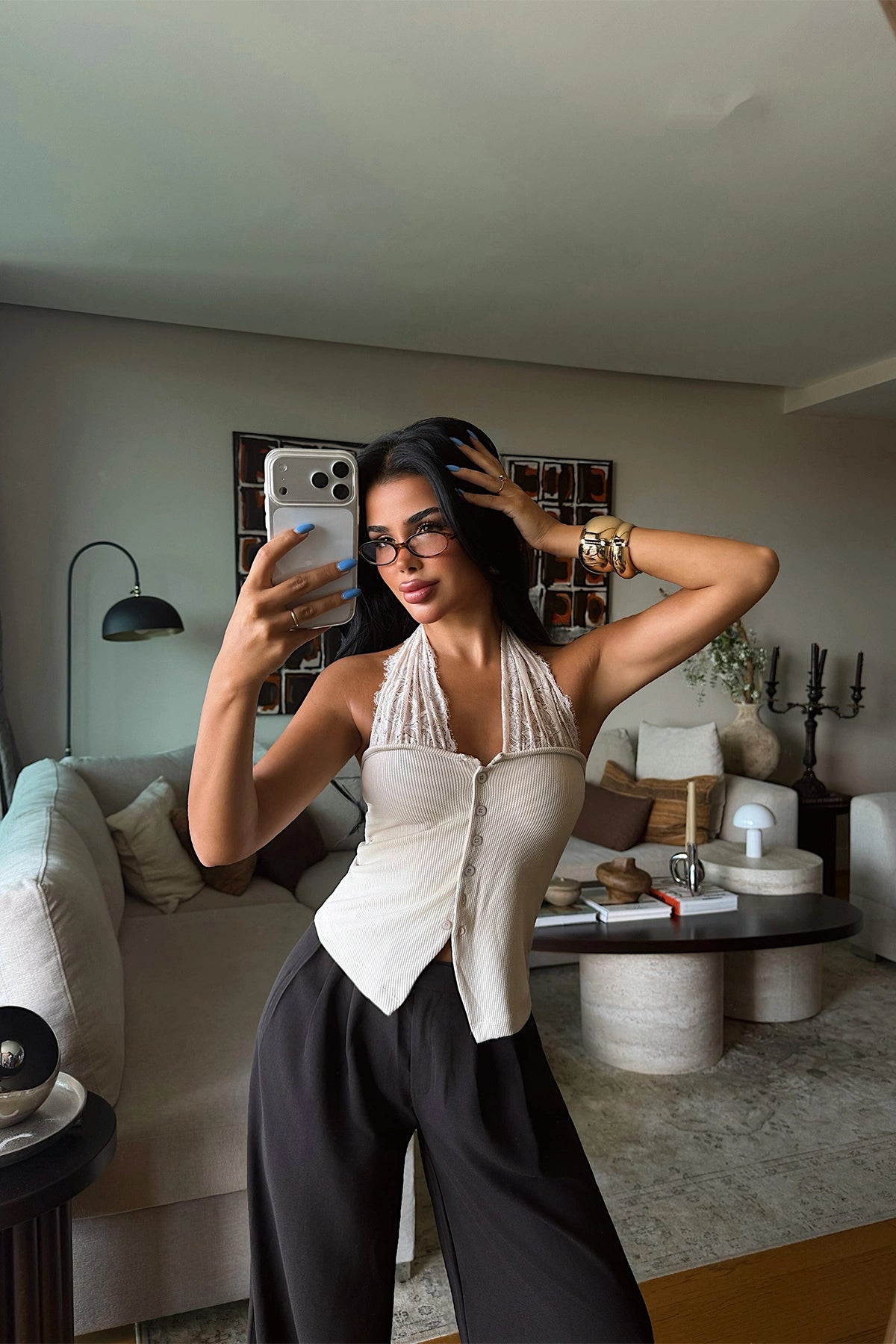 Cream Tie-Up Lace Detail Crop Top ATE-6468