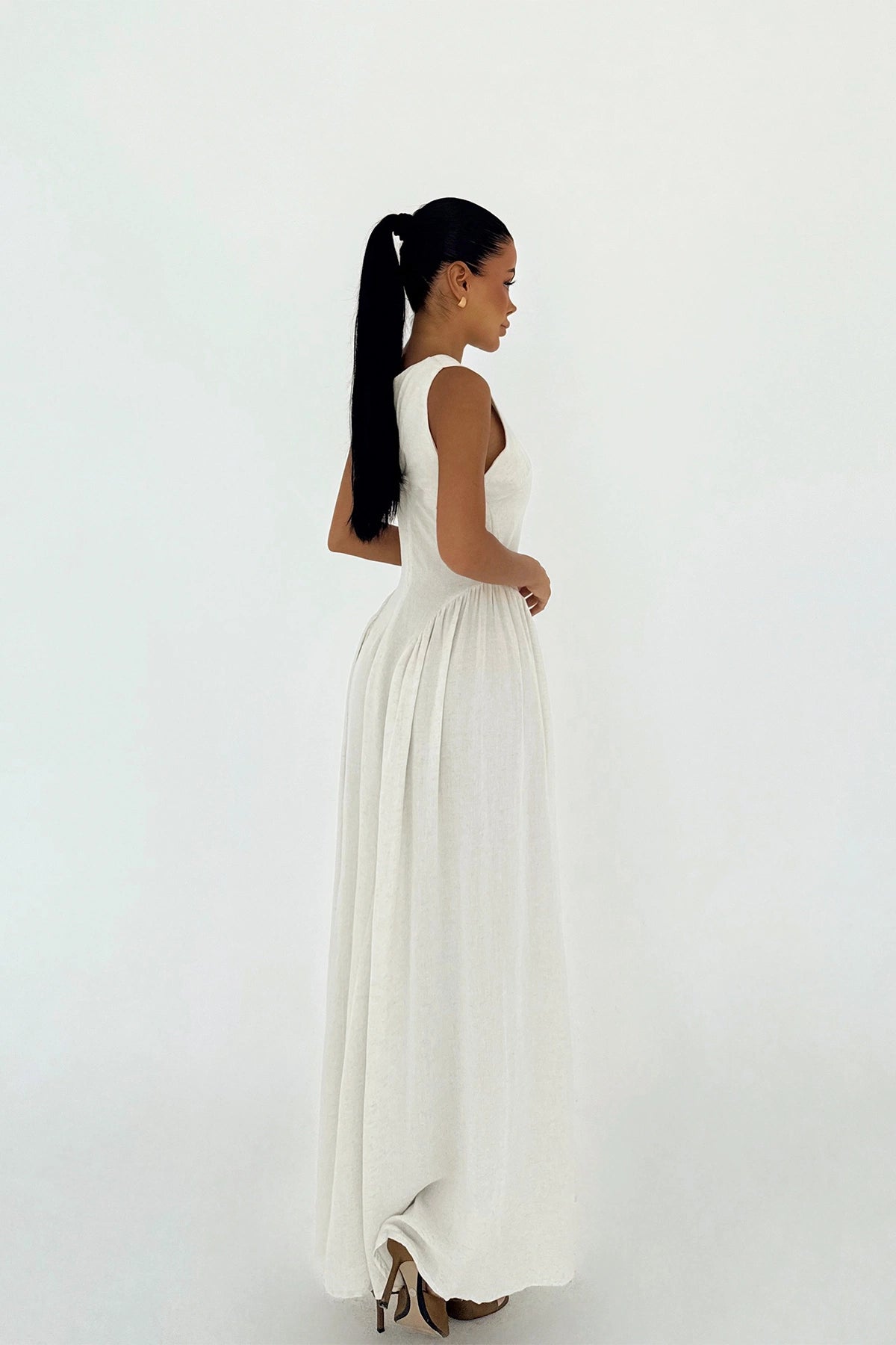 Cream Cecily Linen Long Dress ATE-3361