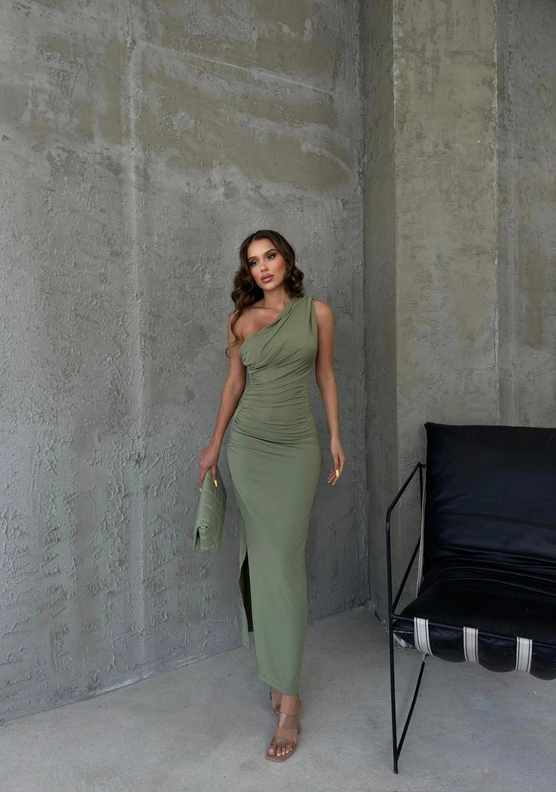 SHOULDER DRAPED SANDY LONG SLIT DRESS GREEN
