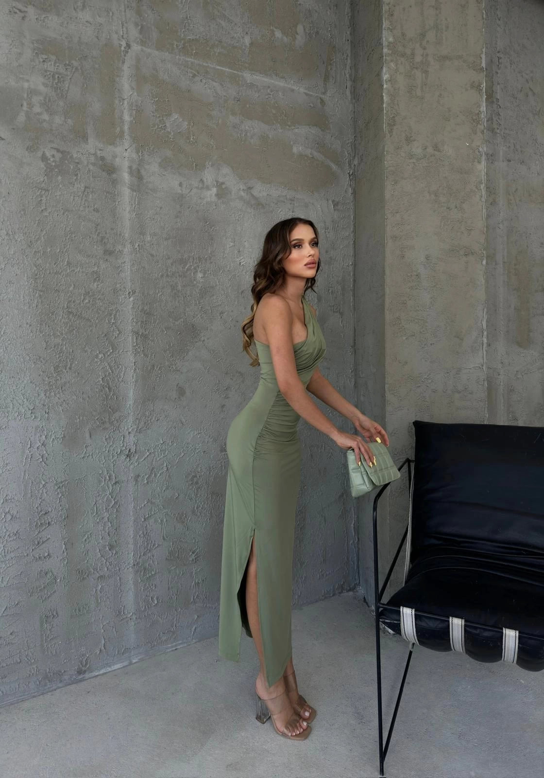 SHOULDER DRAPED SANDY LONG SLIT DRESS GREEN