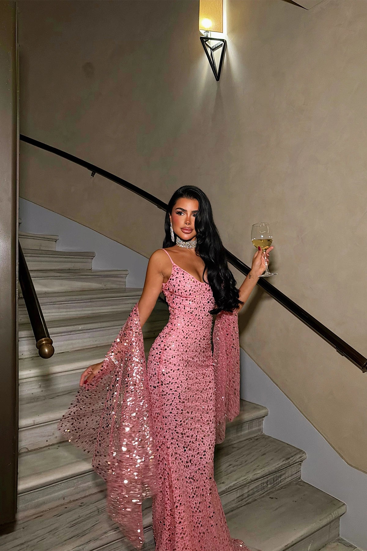 Pink Sequin Detail Long Evening Dress (PRE-ORDER)