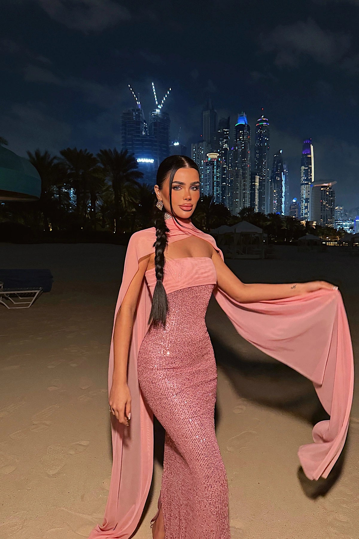 Powder Pink Plunge Sequin Long Dress ATE-4796