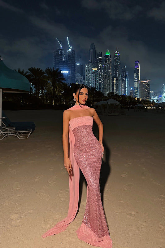 Powder Pink Plunge Sequin Long Dress ATE-4796