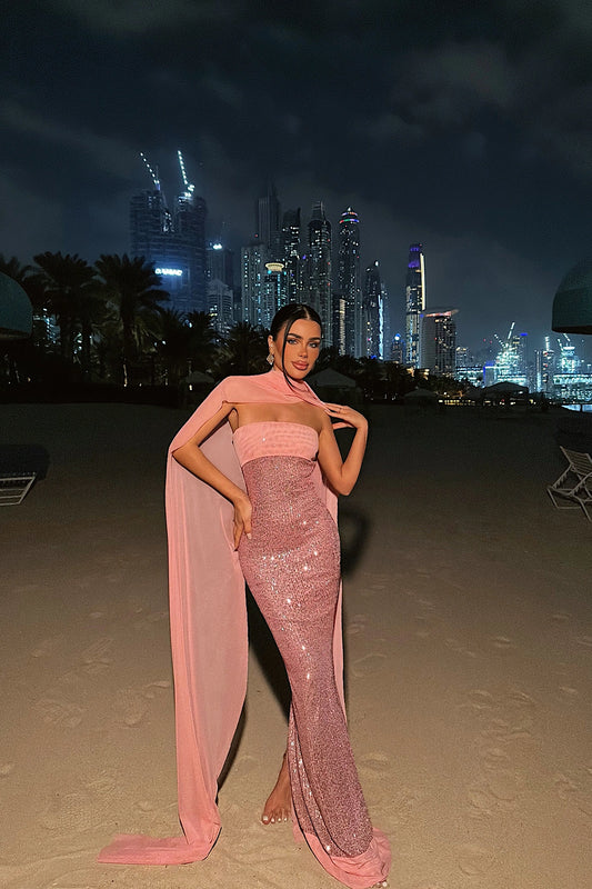 Powder Pink Plunge Sequin Long Dress ATE-4796