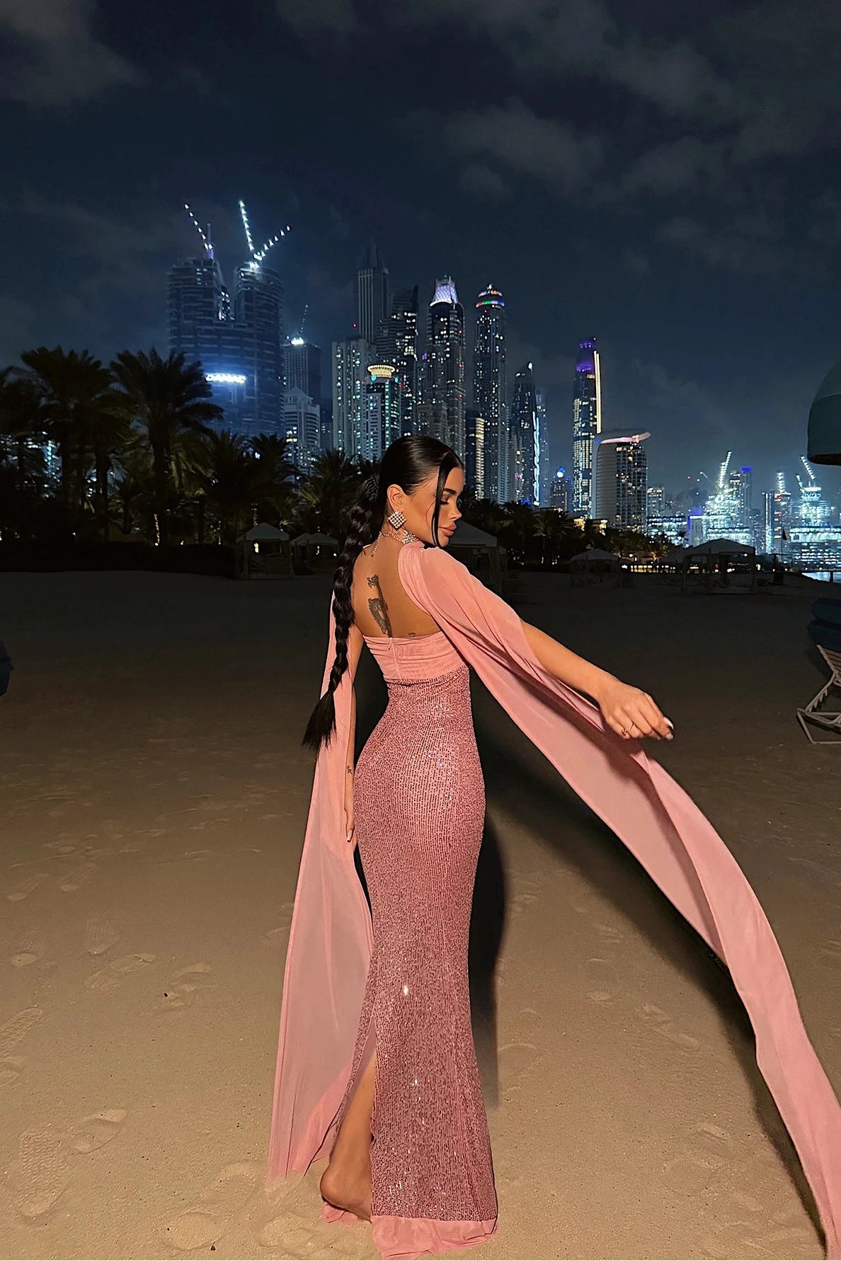 Powder Pink Plunge Sequin Long Dress ATE-4796