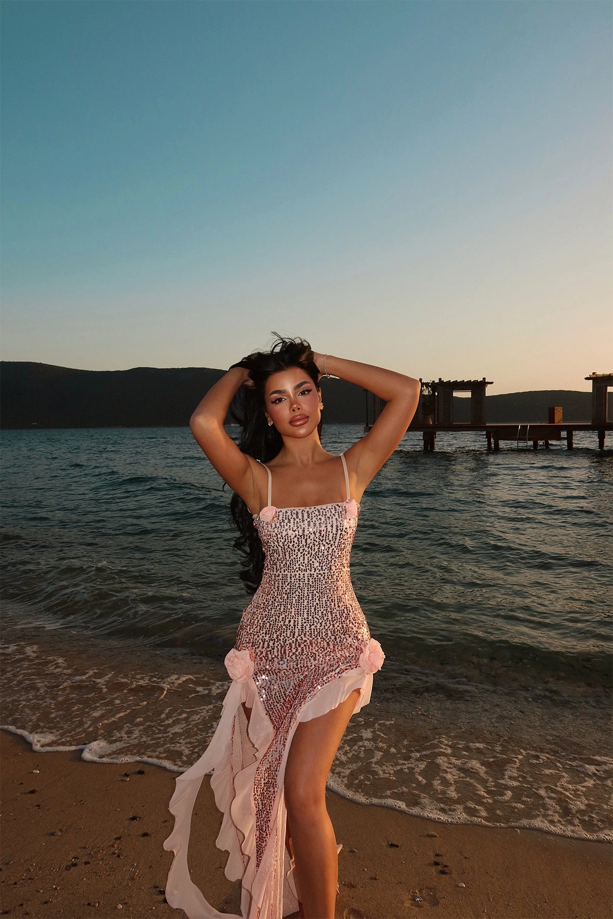 Pink Paxton Sequined Long Slit Dress ATE-2612