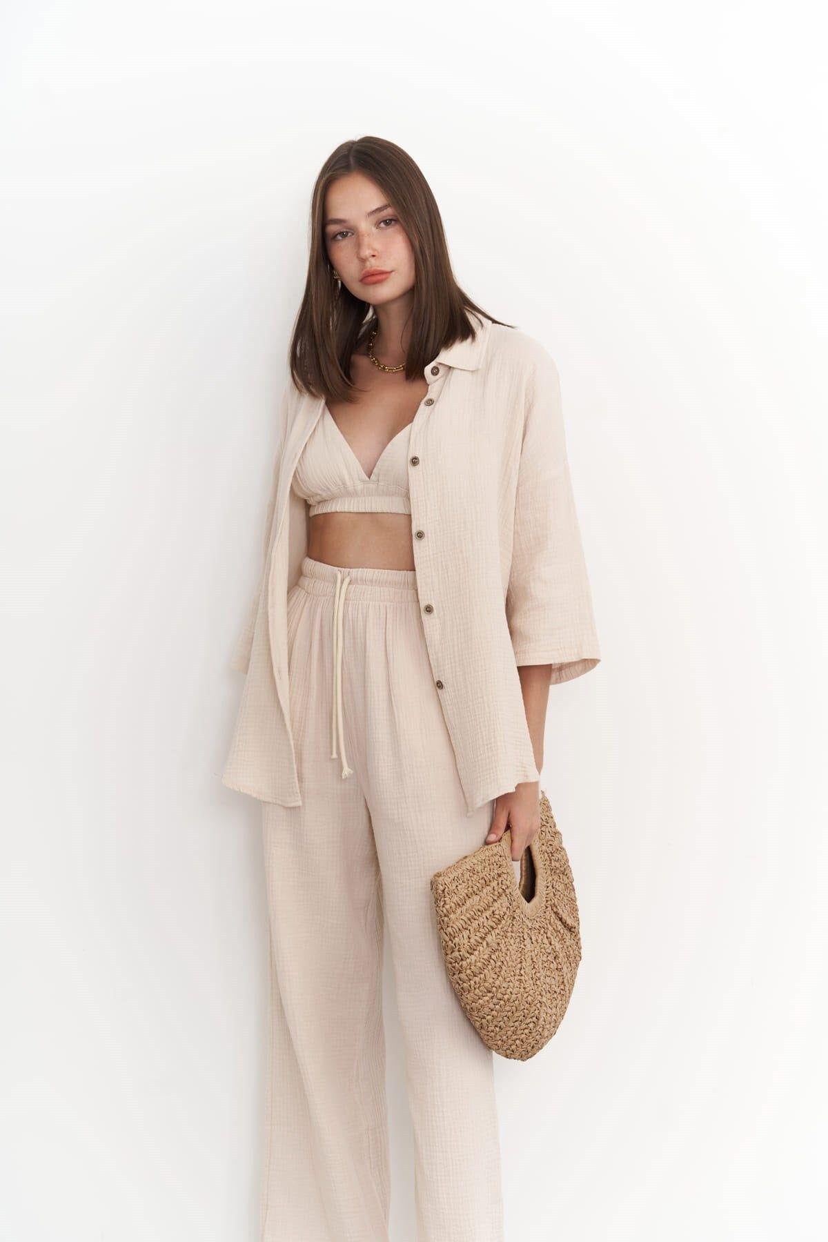 Reyna Dark Beige Muslin Three Piece Set