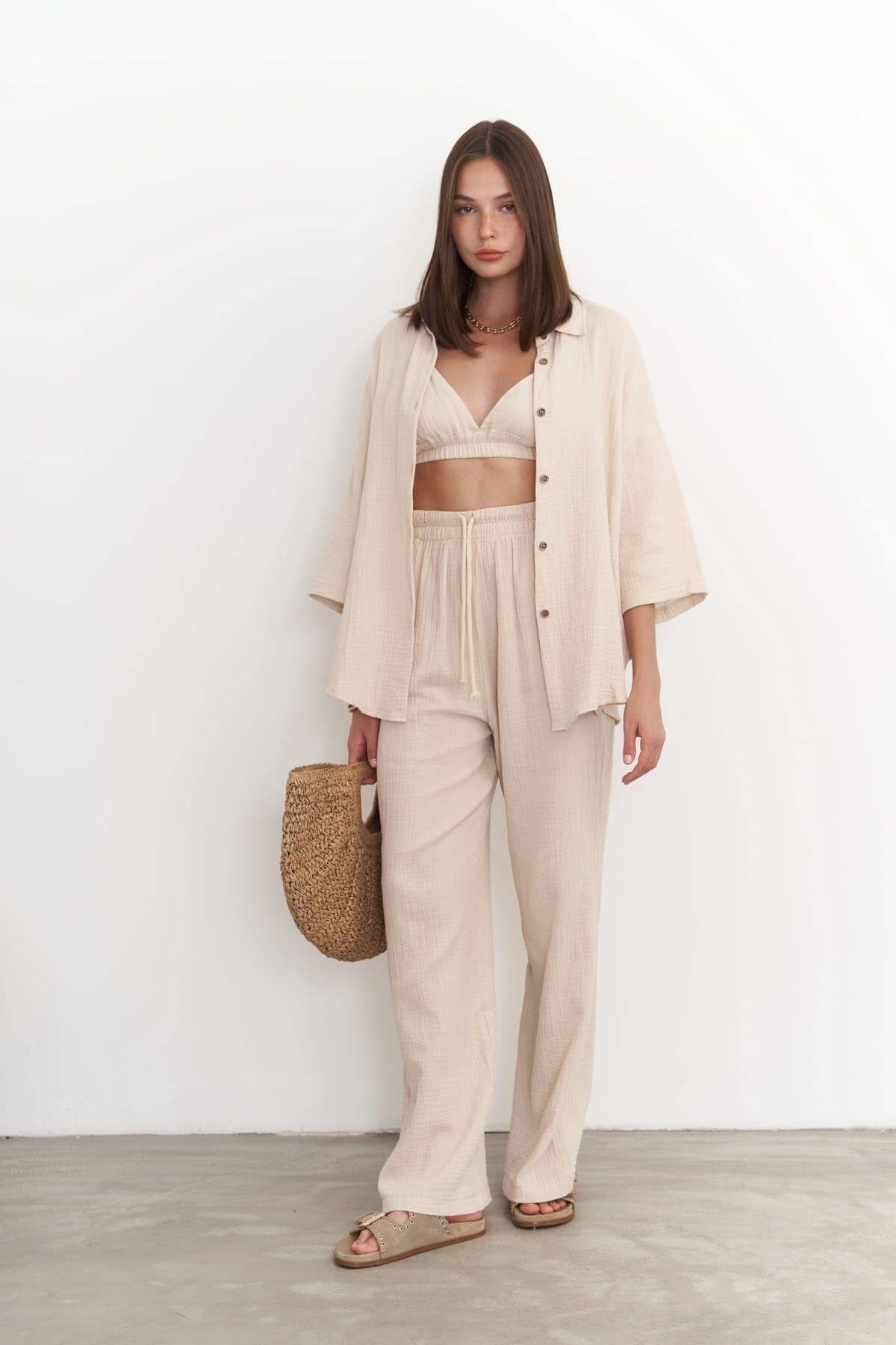 Reyna Dark Beige Muslin Three Piece Set