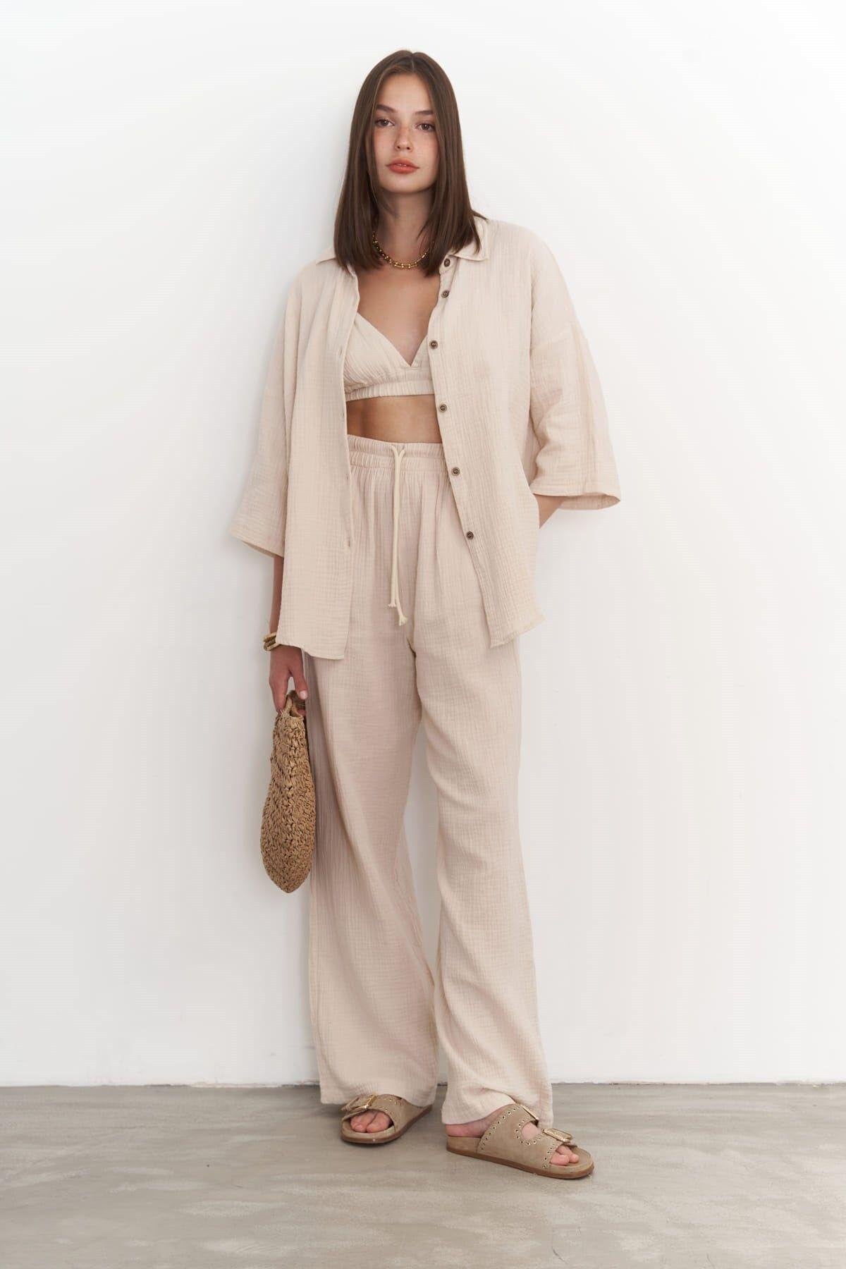 Reyna Dark Beige Muslin Three Piece Set