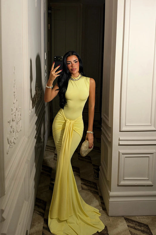 Yellow Long Dress with Gathered Front ATE-6975 (PRE-ORDER)