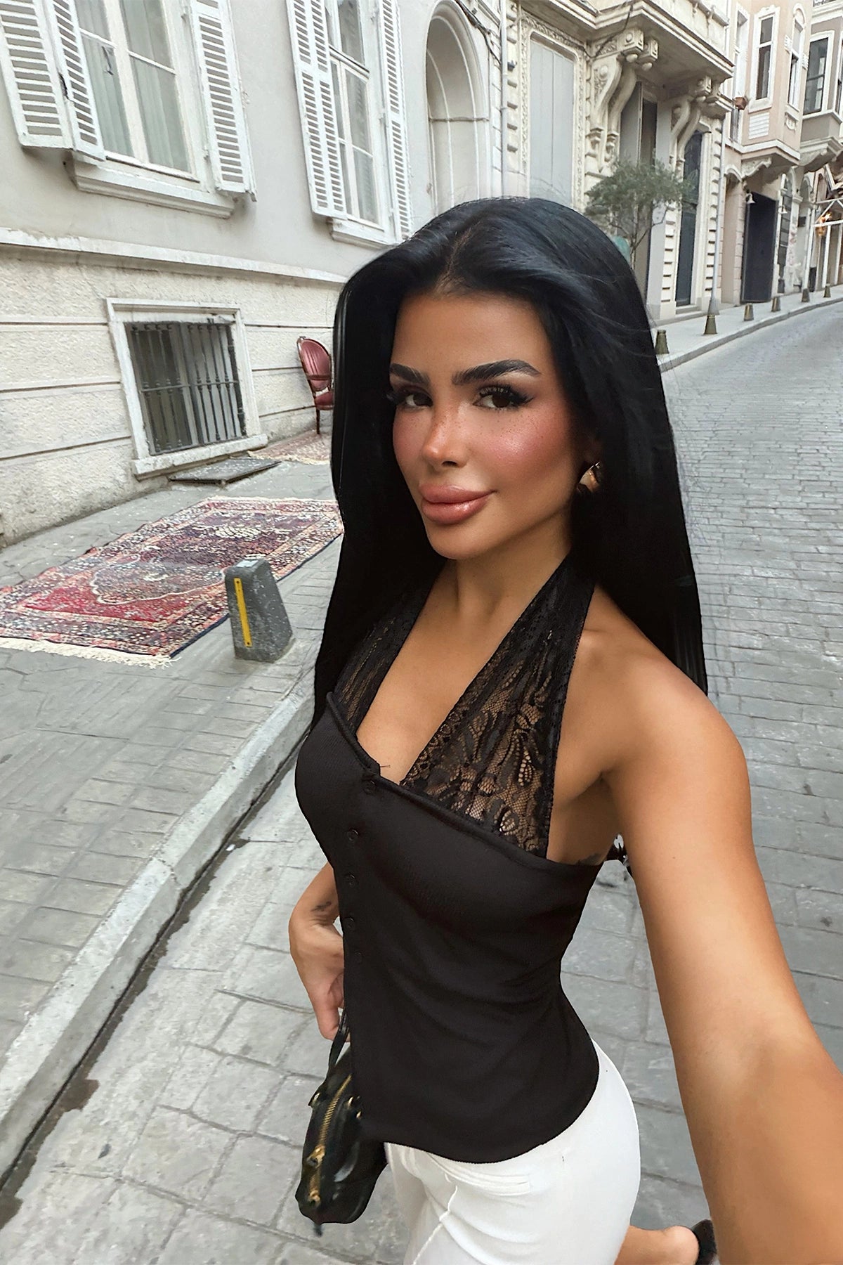 Black Tie-Up Crop Top with Lace Detail ATE-6466
