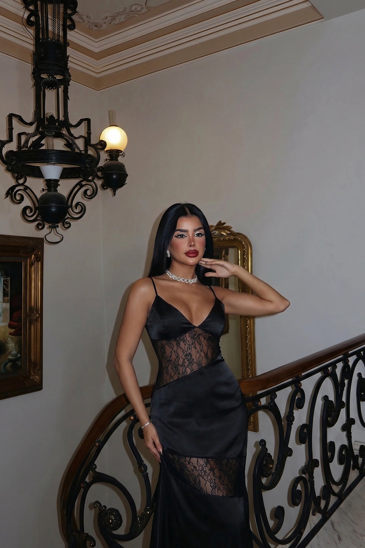 Black Lace Detail Strappy Long Dress ATE-5830 (PRE-ORDER)