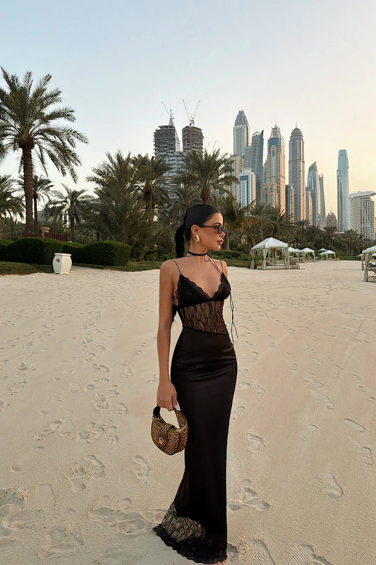 Black Alaia Lace Detail Satin Dress ATE-4945