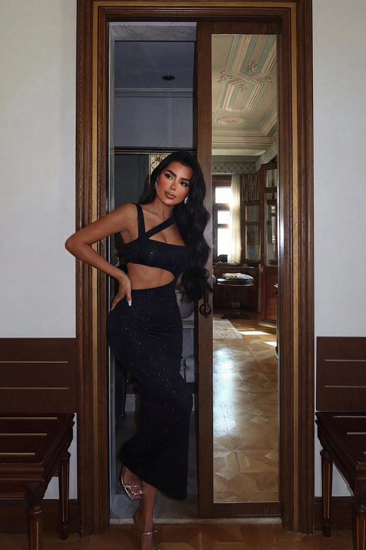Black Glitter Strappy Dress