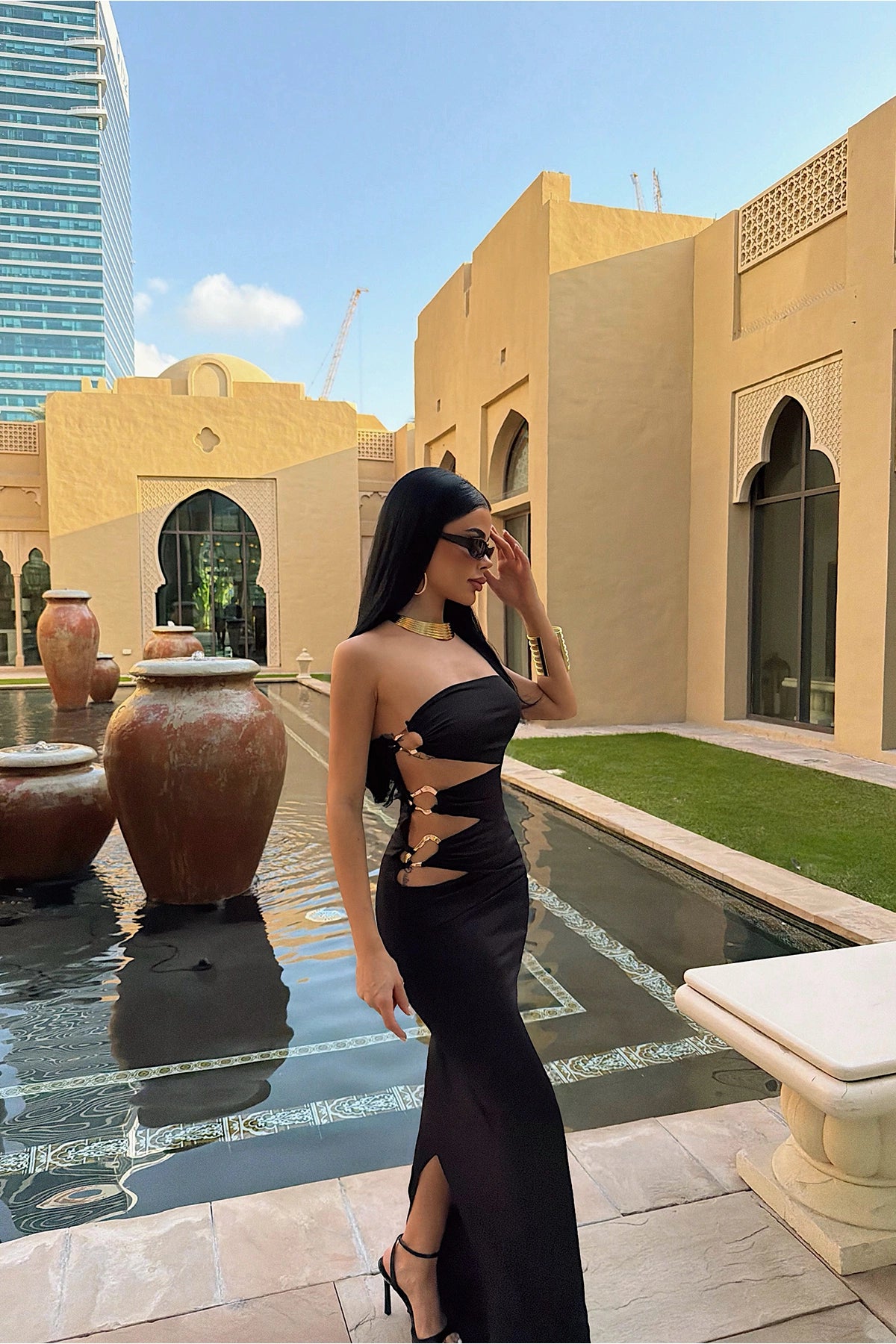 Black Oleander Long Dress with Side Accessory Detail ATE-4696