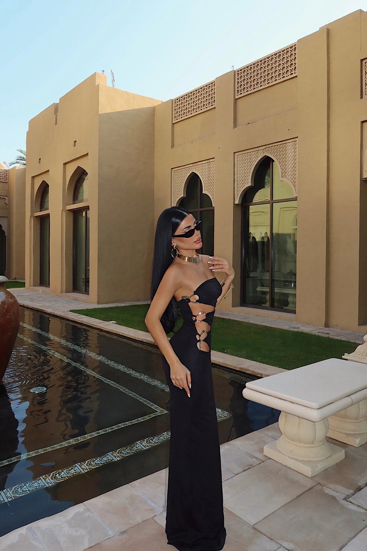 Black Oleander Long Dress with Side Accessory Detail ATE-4696