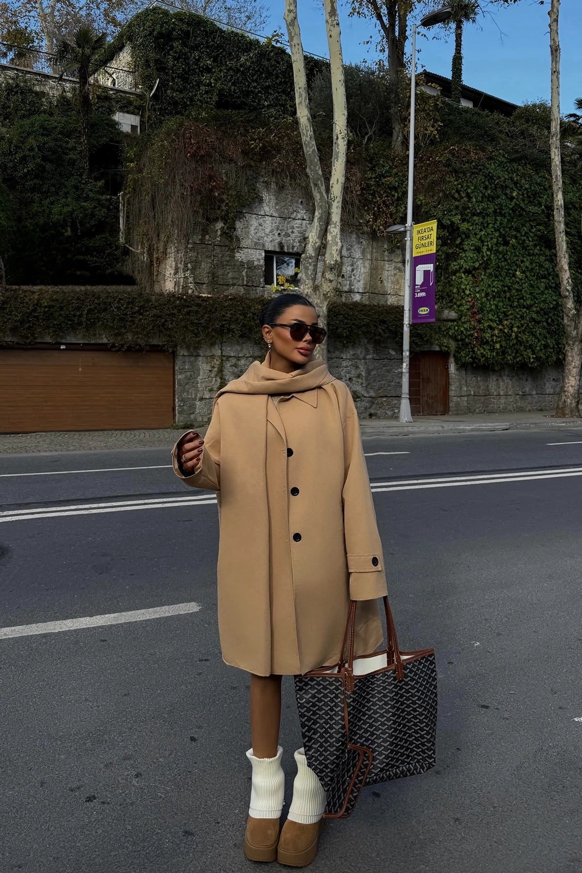 Tan Front Button Belt Detail Trench Coat