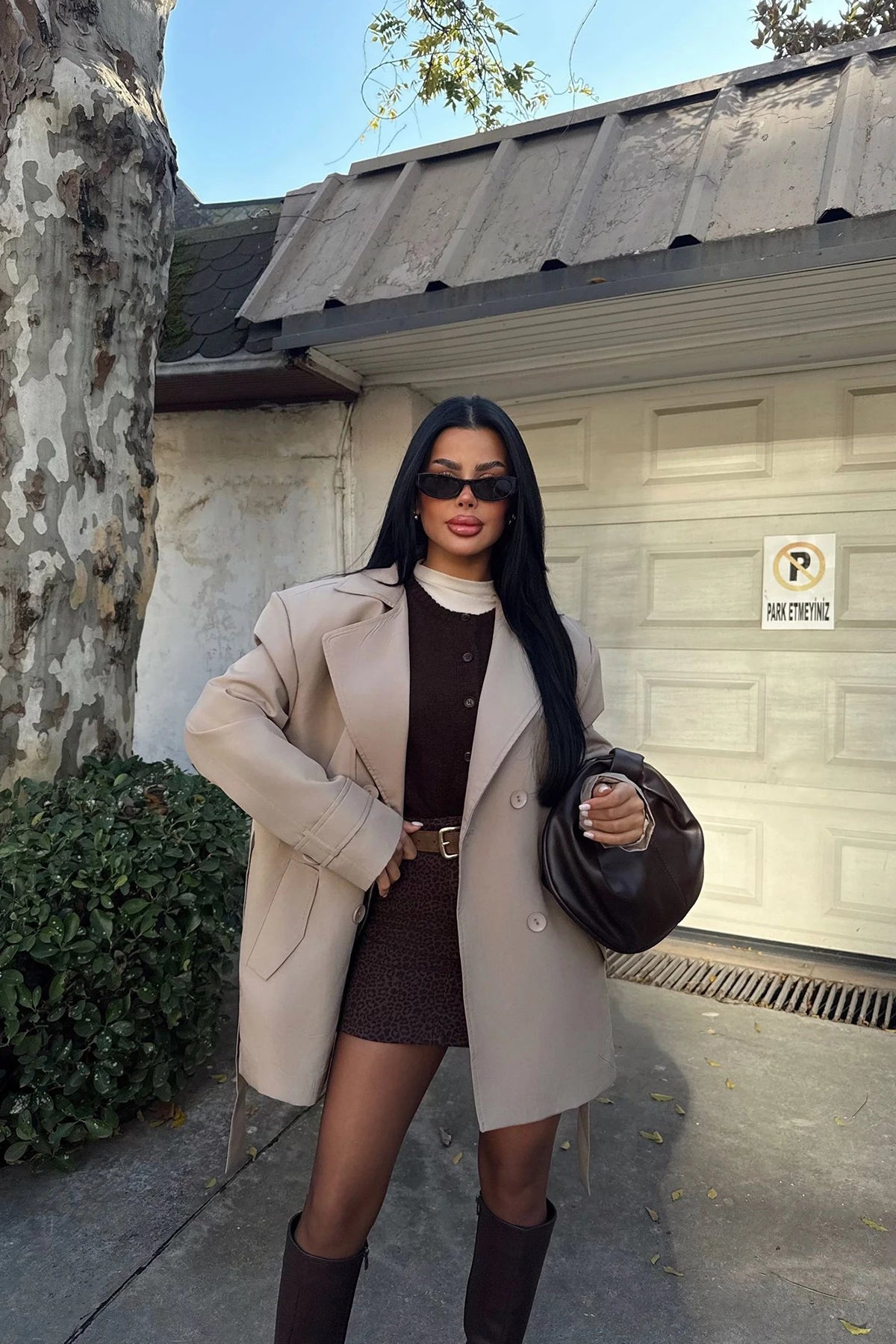 Stone Button Detail Belted Trench Coat