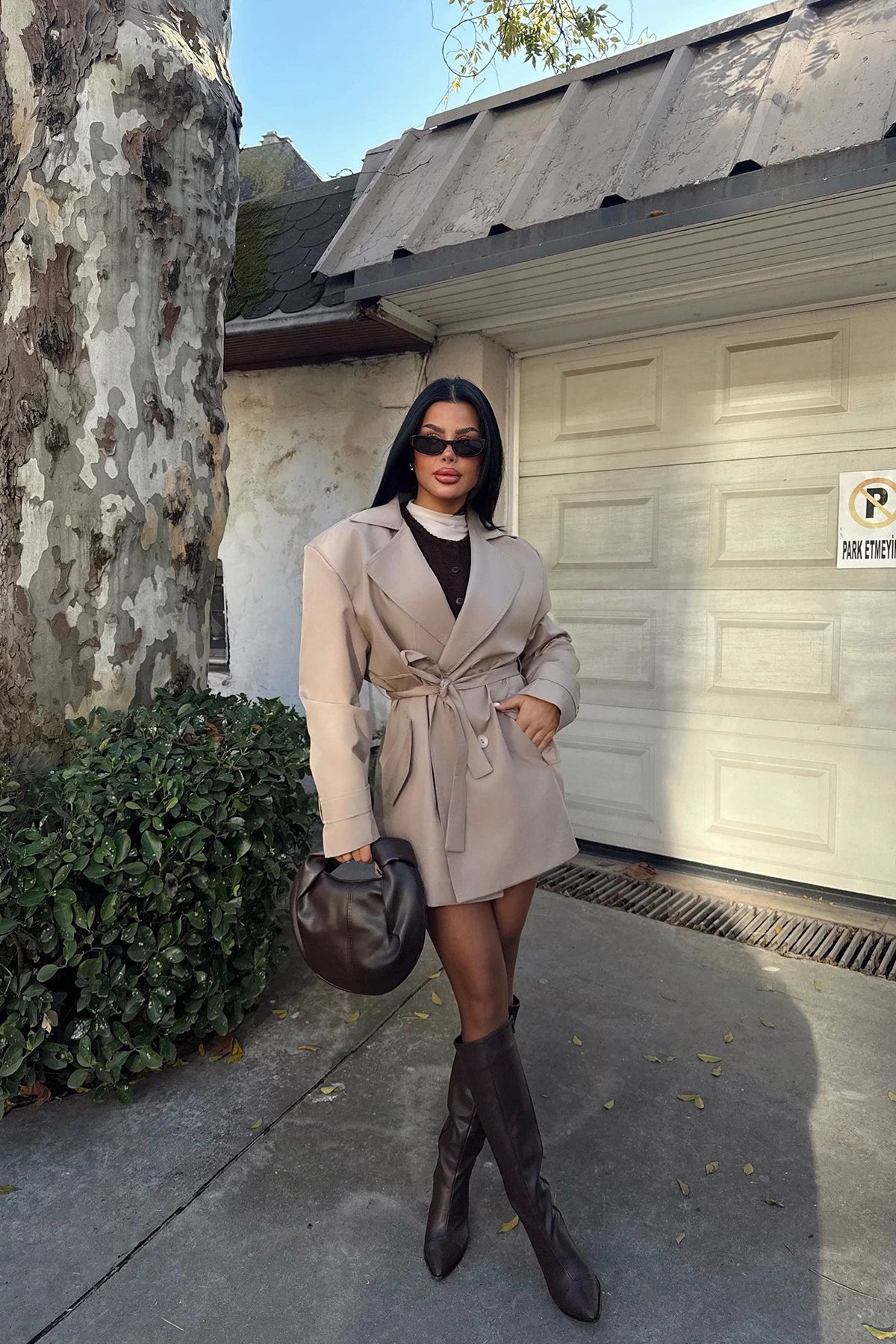 Stone Button Detail Belted Trench Coat
