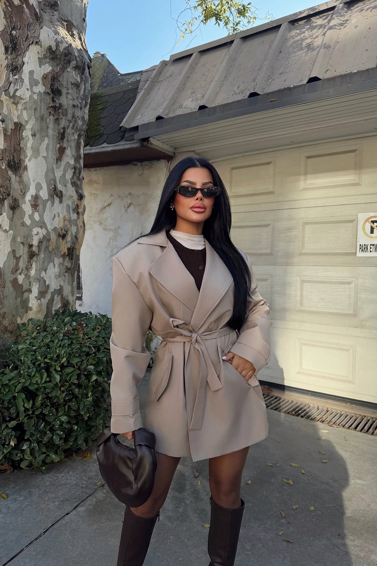 Stone Button Detail Belted Trench Coat