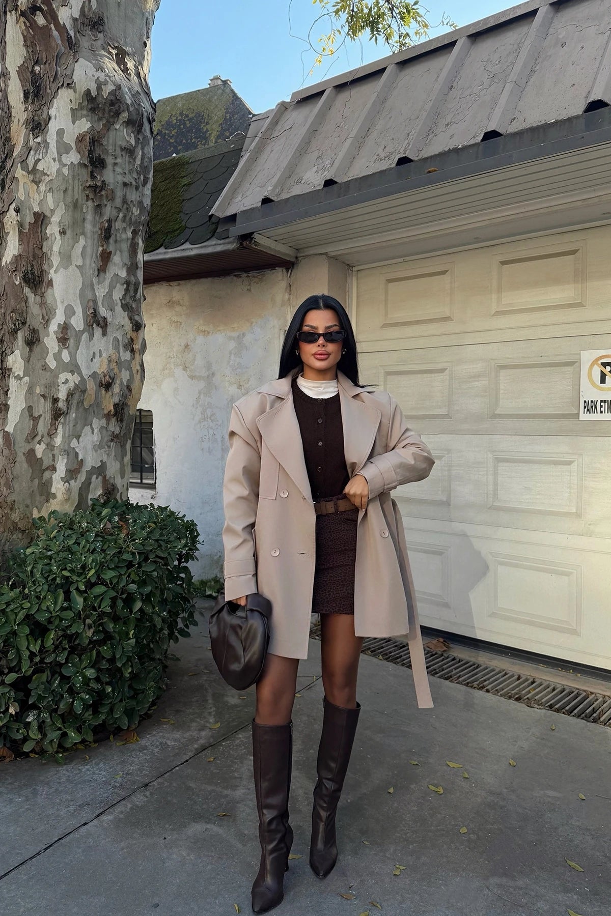Stone Button Detail Belted Trench Coat