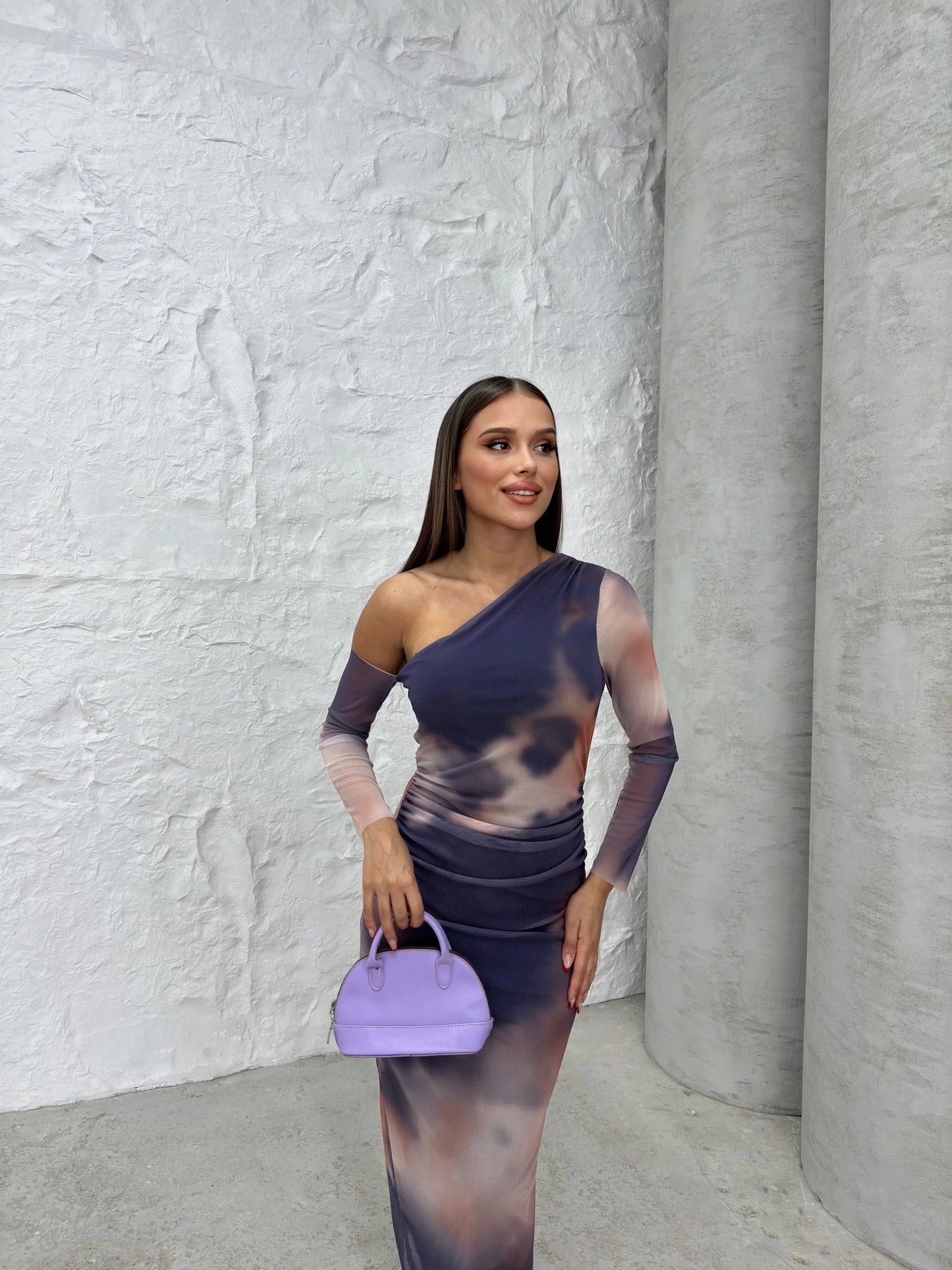 TULLE LINED PATTERNED SHOULDER DECOLLETE DETAIL LONG DRESS PURPLE