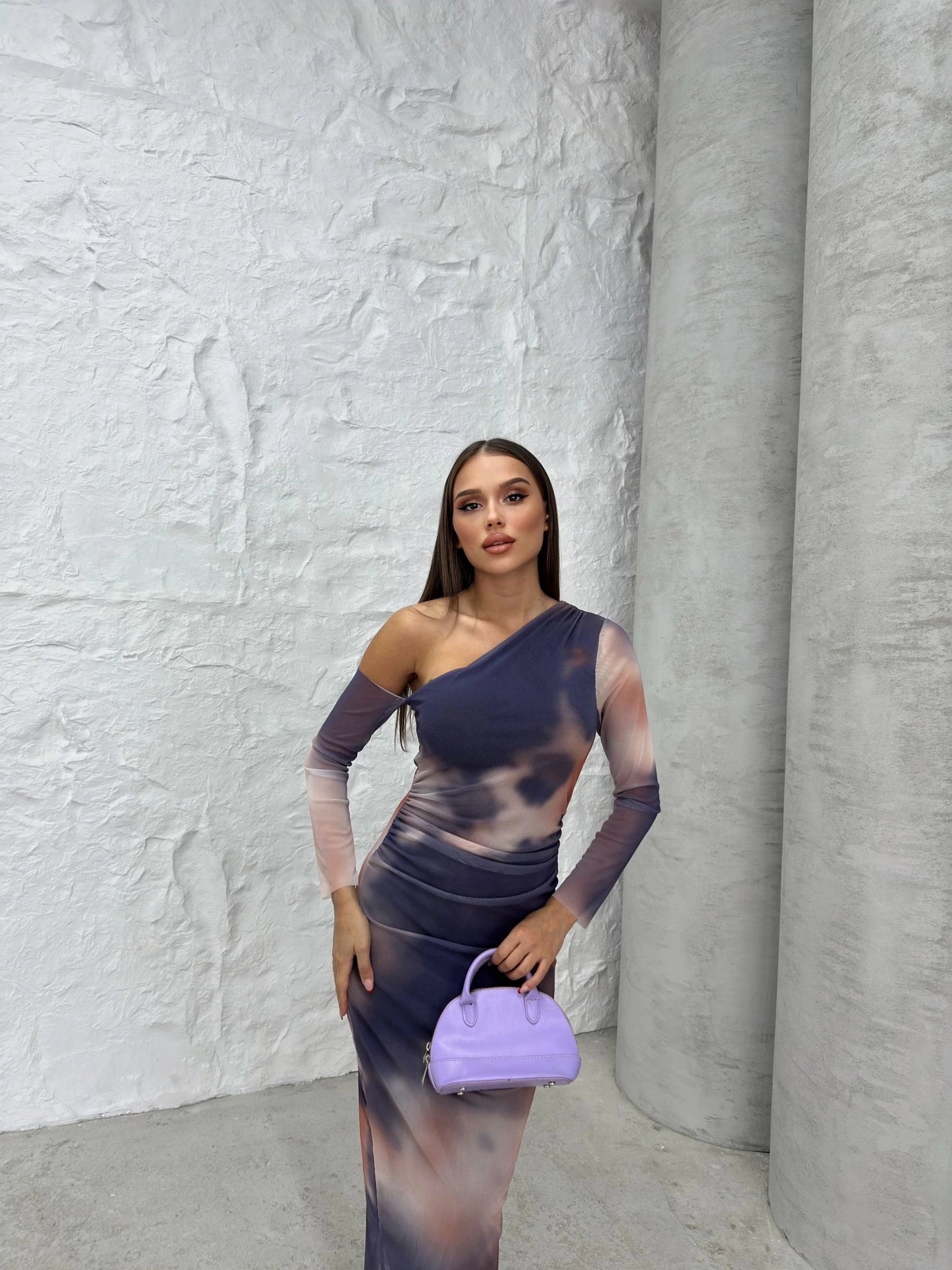 TULLE LINED PATTERNED SHOULDER DECOLLETE DETAIL LONG DRESS PURPLE