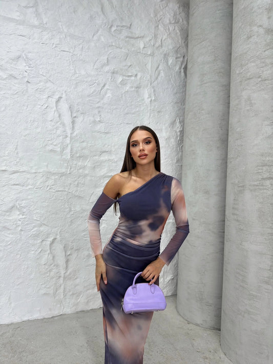TULLE LINED PATTERNED SHOULDER DECOLLETE DETAIL LONG DRESS PURPLE