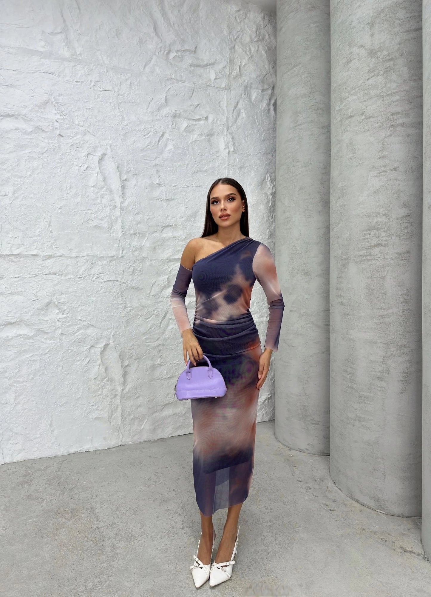 TULLE LINED PATTERNED SHOULDER DECOLLETE DETAIL LONG DRESS PURPLE