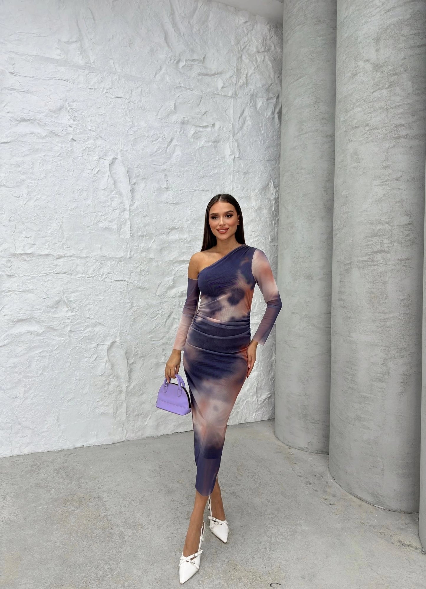 TULLE LINED PATTERNED SHOULDER DECOLLETE DETAIL LONG DRESS PURPLE