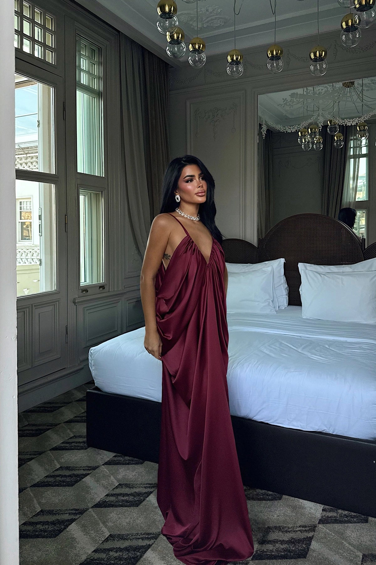 Burgundy Tulula Long Satin Dress ATE-3679