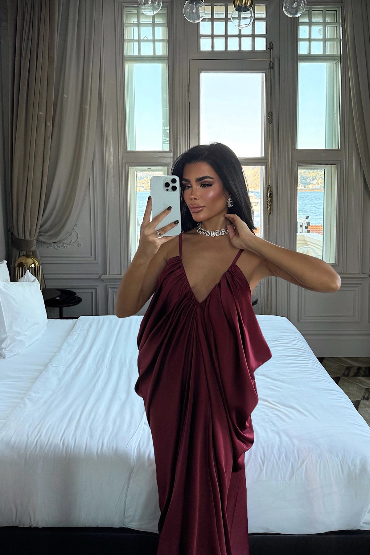 Burgundy Tulula Long Satin Dress ATE-3679