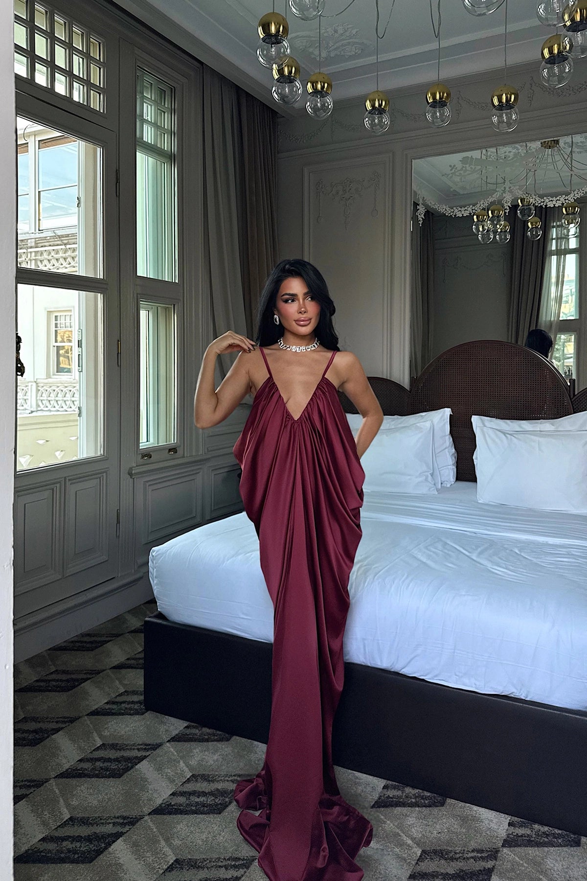 Burgundy Tulula Long Satin Dress ATE-3679